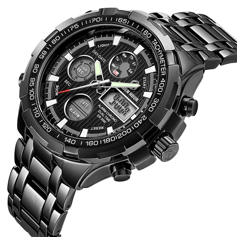 GOLDENHOUR Men's Military Sport Watch Black Stainless Steel Luxury Digital Analog Dual Display Waterproof Quartz Wristwatch
GOLDENHOUR Men's Military Sport Watch Black Stainless Steel Luxury Digital Analog Dual Display Waterproof Quartz Wristwatch