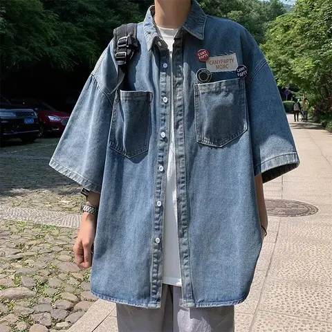 Camisa informal de manga corta vaquera con insignia de bolsillo de estilo japonés Retro, chaqueta con cuello holgado para hombre, ropa de verano a la moda