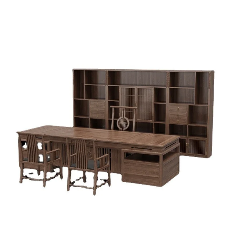 New Chinese-style office desk and chair combination solid wood atmosphere walnut color large desk
New Chinese-style office desk and chair combination solid wood atmosphere walnut color large desk