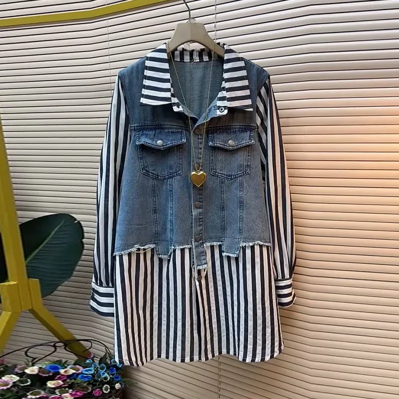 SuperAen Oversize Women's Lapel Splicing Denim Long-sleeved Top Casual Loose Thin Striped Shirt
SuperAen Oversize Women's Lapel Splicing Denim Long-sleeved Top Casual Loose Thin Striped Shirt