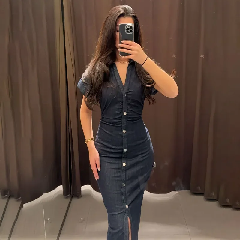 Elegant Vintage Denim Maxi Dress Women's Lapel Single Breasted Short Sleeves Slim Fit Long Dress 2025 New Chic Lady Street Robes
Elegant Vintage Denim Maxi Dress Women's Lapel Single Breasted Short Sleeves Slim Fit Long Dress 2025 New Chic Lady Street Robes