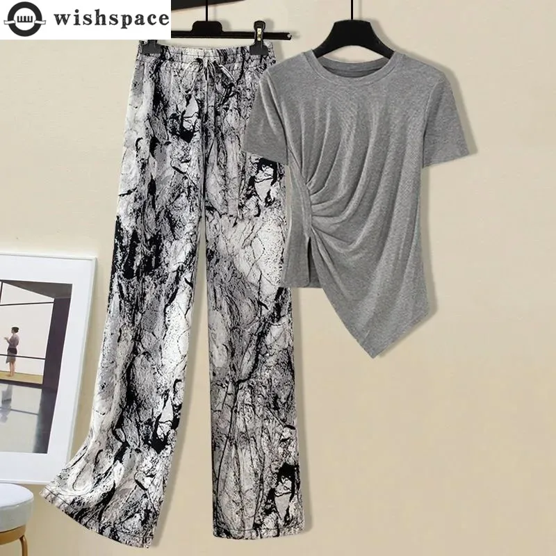 Fashion Sports Suit Women's Summer Split Short Sleeved T-shirt+tie Dye Ink Painting Wide Leg Casual Pants Two-piece Set
Fashion Sports Suit Women's Summer Split Short Sleeved T-shirt+tie Dye Ink Painting Wide Leg Casual Pants Two-piece Set