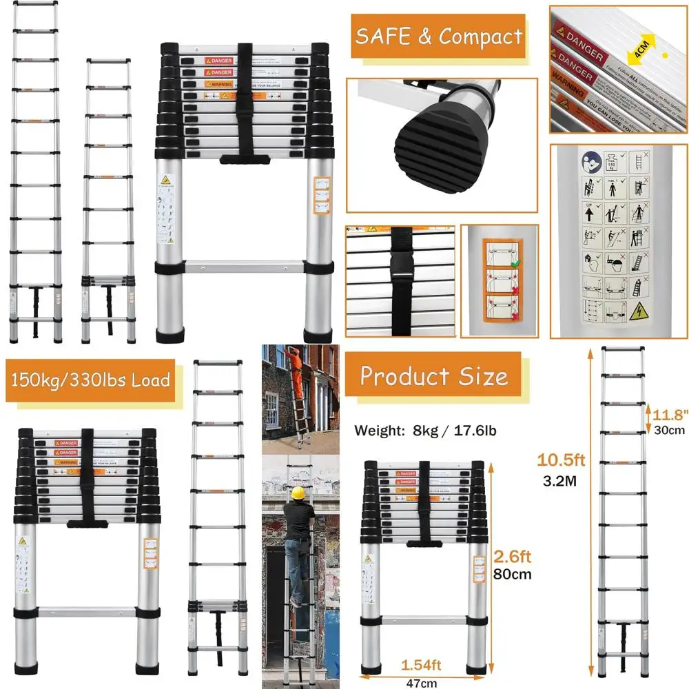 Aluminum Telescoping Multi-Purpose Extension Ladder 10.5FT/3.2M, EN131 Certified, 330lbs Load Capacity, Portable Folding Ladder
Aluminum Telescoping Multi-Purpose Extension Ladder 10.5FT/3.2M, EN131 Certified, 330lbs Load Capacity, Portable Folding Ladder