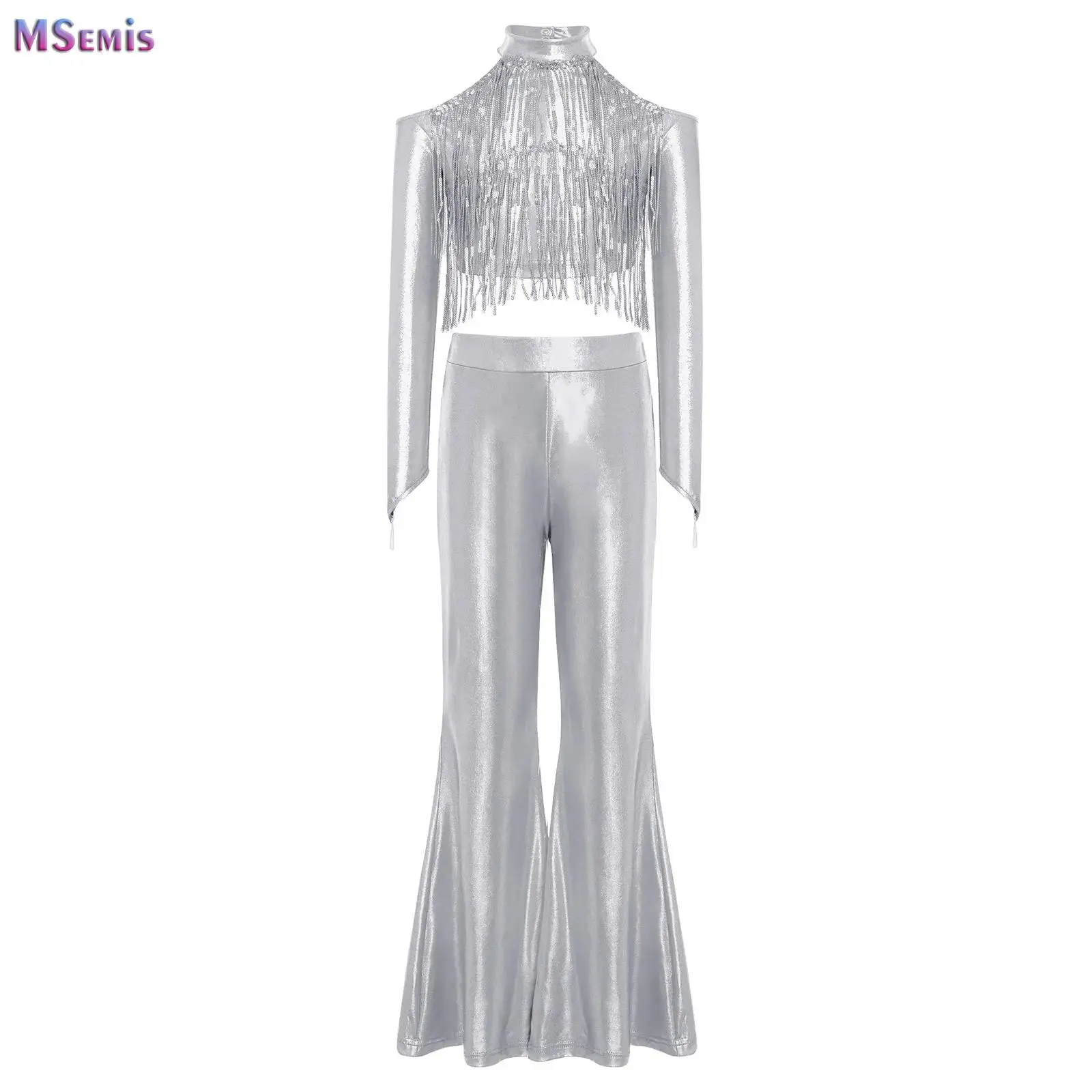 Kids Girls Sequin Tassels 70s 80s Disco Jazz Hip Hop Dance Outfits Metallic Crop Top Vest with Bell-Bottom Pants Belly Dancewear
Kids Girls Sequin Tassels 70s 80s Disco Jazz Hip Hop Dance Outfits Metallic Crop Top Vest with Bell-Bottom Pants Belly Dancewear