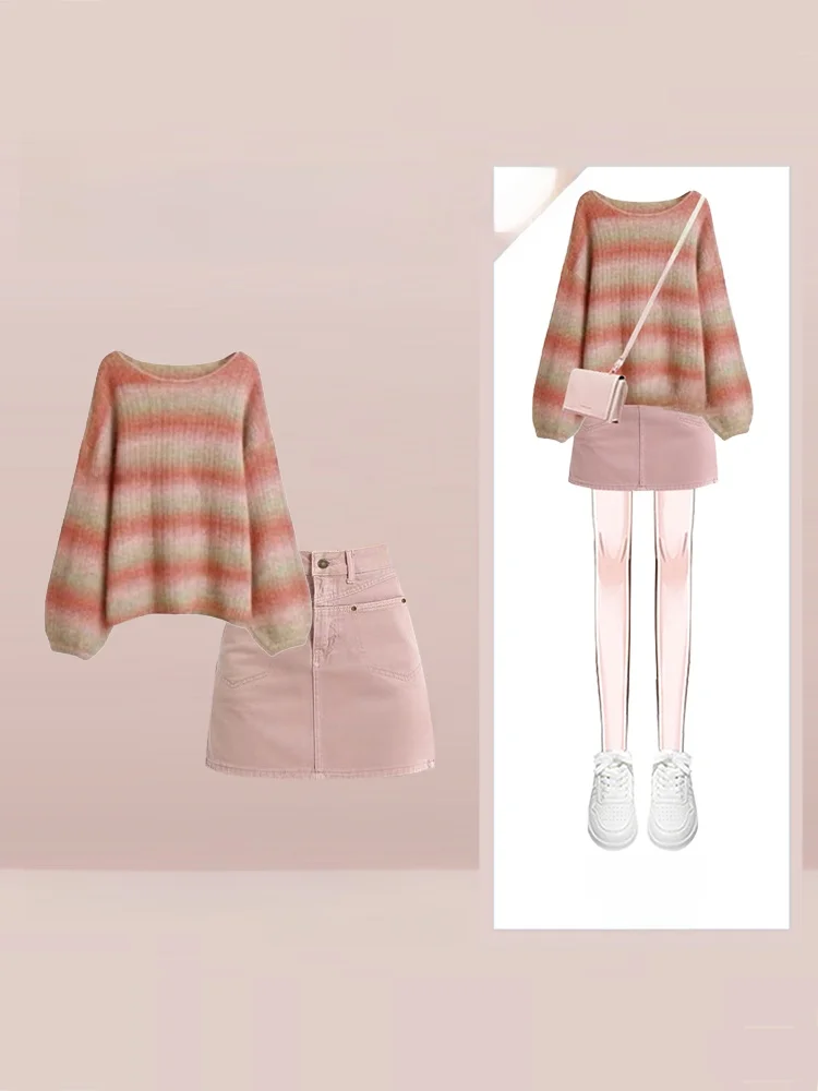 Sweet Small Size Autumn Set Women's Striped Long Sve Knitted Top with High Waist Slimming Skirt Faionable Ensemble
Sweet Small Size Autumn Set Women's Striped Long Sve Knitted Top with High Waist Slimming Skirt Faionable Ensemble