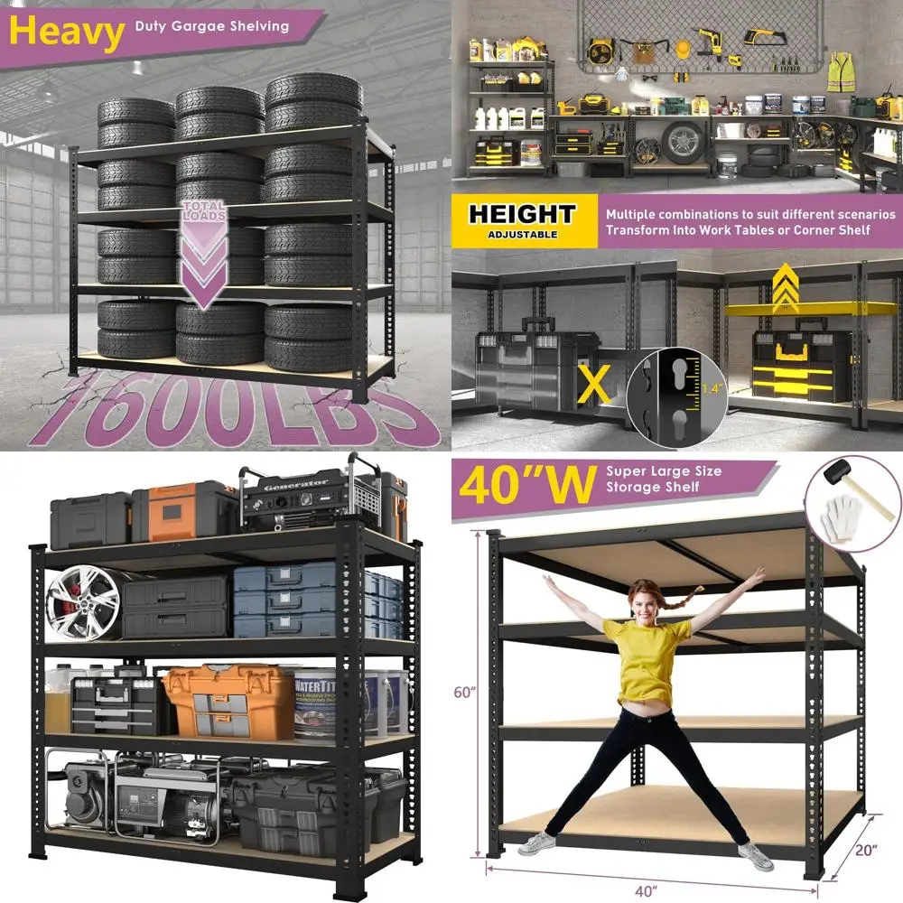 40W x 20D x 60H 4-Tier Adjustable Metal Storage Shelves - Heavy Duty Garage Utility Racks for Kitchen, Pantry, Warehouse, Black
40W x 20D x 60H 4-Tier Adjustable Metal Storage Shelves - Heavy Duty Garage Utility Racks for Kitchen, Pantry, Warehouse, Black