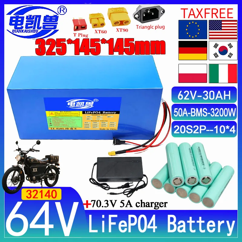 32140 LiFePO4 battery pack 64V 30Ah New 20S2P 3200W High power With 50A BMS For Electric Motorcycle Scooter Tricycle+5A Charger
32140 LiFePO4 battery pack 64V 30Ah New 20S2P 3200W High power With 50A BMS For Electric Motorcycle Scooter Tricycle+5A Charger