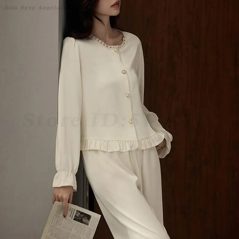 Female 2PCS Pajamas Set Loungewear Sweet Palace Style Princess Sleepwear Long Sleeves Shirt Trouser Suits Loose Casual Home Wear
Female 2PCS Pajamas Set Loungewear Sweet Palace Style Princess Sleepwear Long Sleeves Shirt Trouser Suits Loose Casual Home Wear