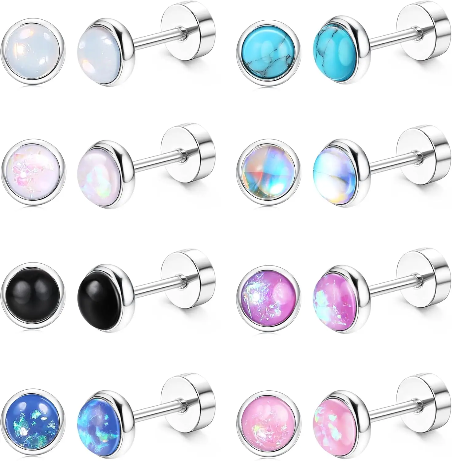 8 Pairs Women's Earrings - Surgical Steel Tragus Helix Piercings with Opal, Turquoise, Moonstone - Flat
8 Pairs Women's Earrings - Surgical Steel Tragus Helix Piercings with Opal, Turquoise, Moonstone - Flat