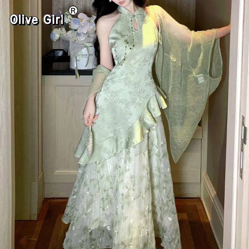 Olivegirl High End Dress Qipao Cheongsam Chinese Style Hanging Neck Dress Two-piece Set 2026 Summer Fairy Long Dresses
Olivegirl High End Dress Qipao Cheongsam Chinese Style Hanging Neck Dress Two-piece Set 2026 Summer Fairy Long Dresses