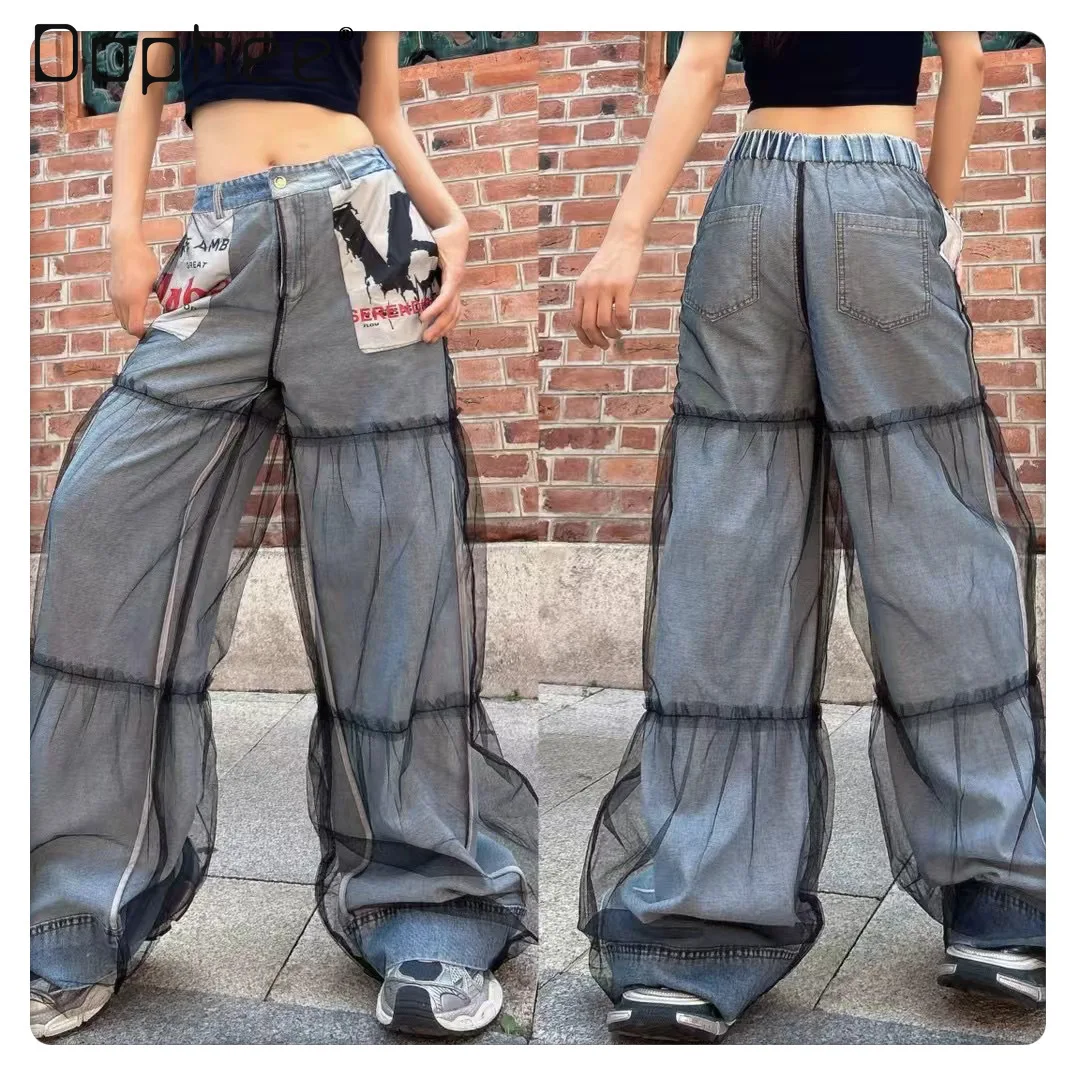 European Goods Jeans Women's 2025 Summer New Heavy Industry Mesh Stitching Letter Printing Fake Two-piece Wide-leg Trousers Tide
European Goods Jeans Women's 2025 Summer New Heavy Industry Mesh Stitching Letter Printing Fake Two-piece Wide-leg Trousers Tide