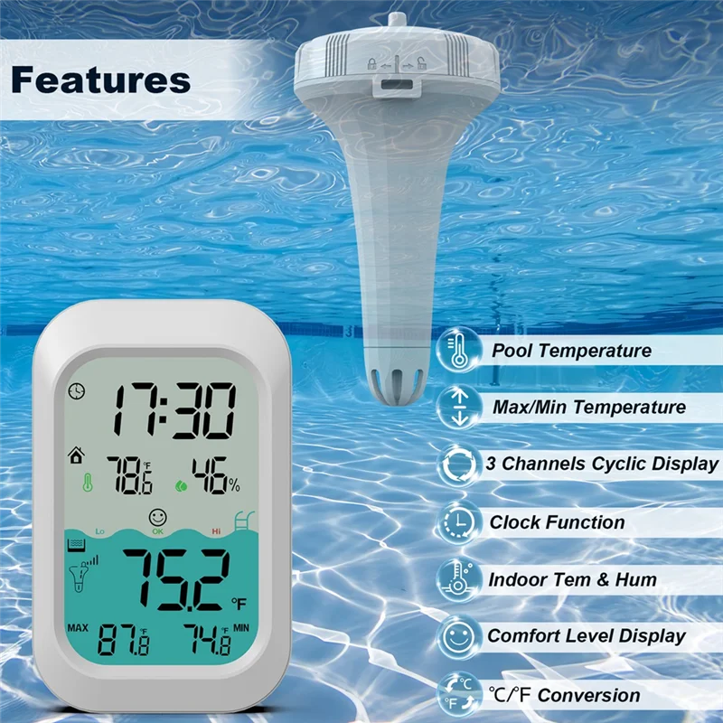 CQMF-Wireless Pool Thermometer -20-60°C Easy To Read For Bath Water Spas Aquariums 500 Feet Floating Pool Thermometer
CQMF-Wireless Pool Thermometer -20-60°C Easy To Read For Bath Water Spas Aquariums 500 Feet Floating Pool Thermometer