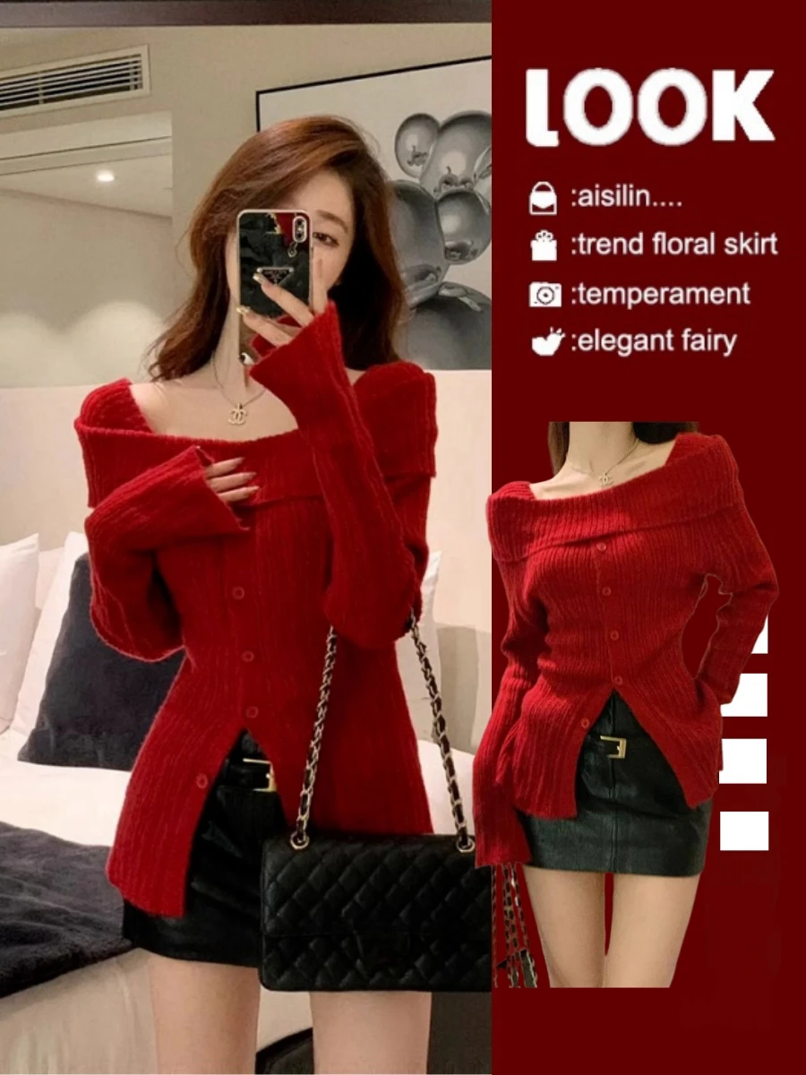 Red One-Shoulder Knitted Sweater Women's Base Layer Shirt Autumn Winter Fashion Commute Style Pure Color Korean Version
Red One-Shoulder Knitted Sweater Women's Base Layer Shirt Autumn Winter Fashion Commute Style Pure Color Korean Version