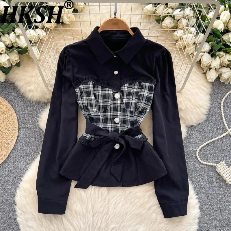 HKSH осенняя новая женская шикарная рубашка высокого класса с поясом в клетку в стиле пэчворк, однобортный отложной воротник, милые элегантные топы Y2K HK11023
HKSH осенняя новая женская шикарная рубашка высокого класса с поясом в клетку в стиле пэчворк, однобортный отложной воротник, милые элегантные топы Y2K HK11023