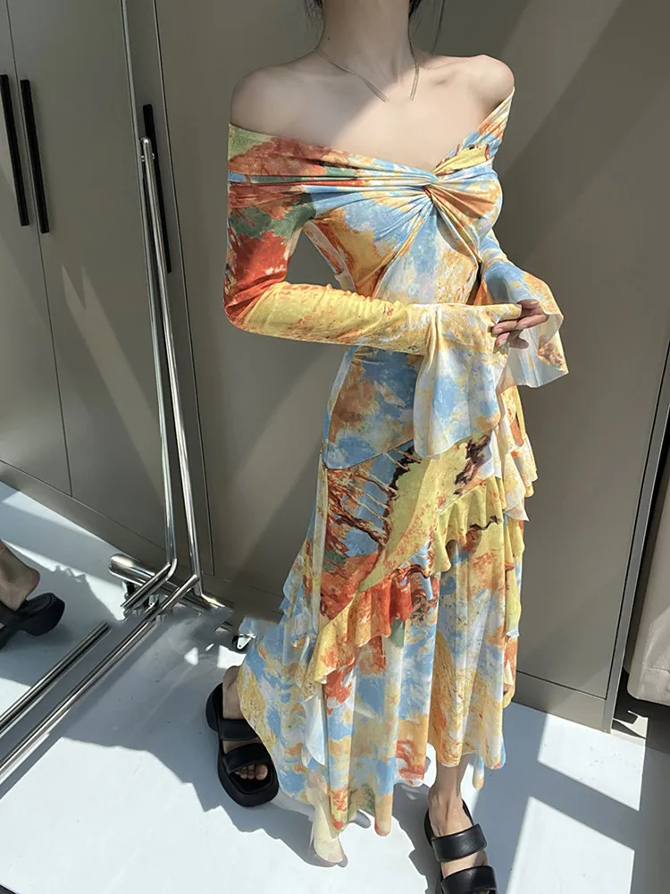 Sexy Long Sleeve One Shoulder Dress Netting Loose Women's Sping Summer Fashion Print A- Line Midi Skirt Trendy Dress 
Sexy Long Sleeve One Shoulder Dress Netting Loose Women's Sping Summer Fashion Print A- Line Midi Skirt Trendy Dress