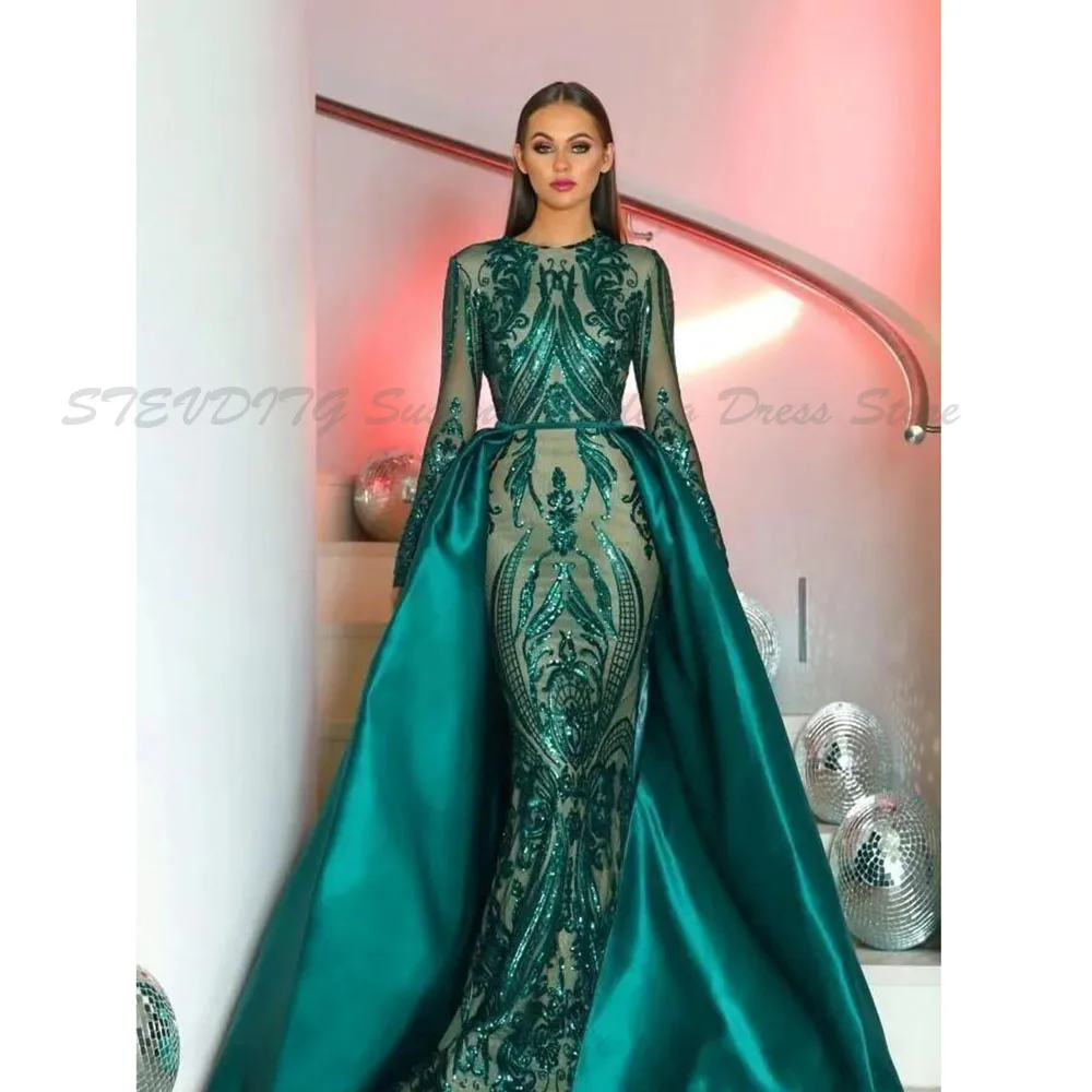 Long Dark Green Sleeves Mermaid Prom Dresses with Detachable Train Satin Sparkly Sequins Custom Made Formal Evening Gown Vestido
Long Dark Green Sleeves Mermaid Prom Dresses with Detachable Train Satin Sparkly Sequins Custom Made Formal Evening Gown Vestido