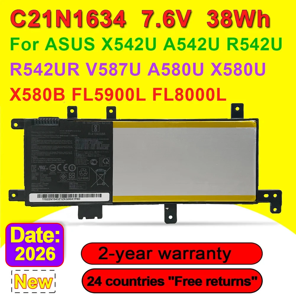 C21N1634 Laptop Battery For ASUS X542U A542U R542U R542UR V587U A580U X580U X580B FL5900L FL8000L Series 7.6V 38Wh Rechargeable
C21N1634 Laptop Battery For ASUS X542U A542U R542U R542UR V587U A580U X580U X580B FL5900L FL8000L Series 7.6V 38Wh Rechargeable