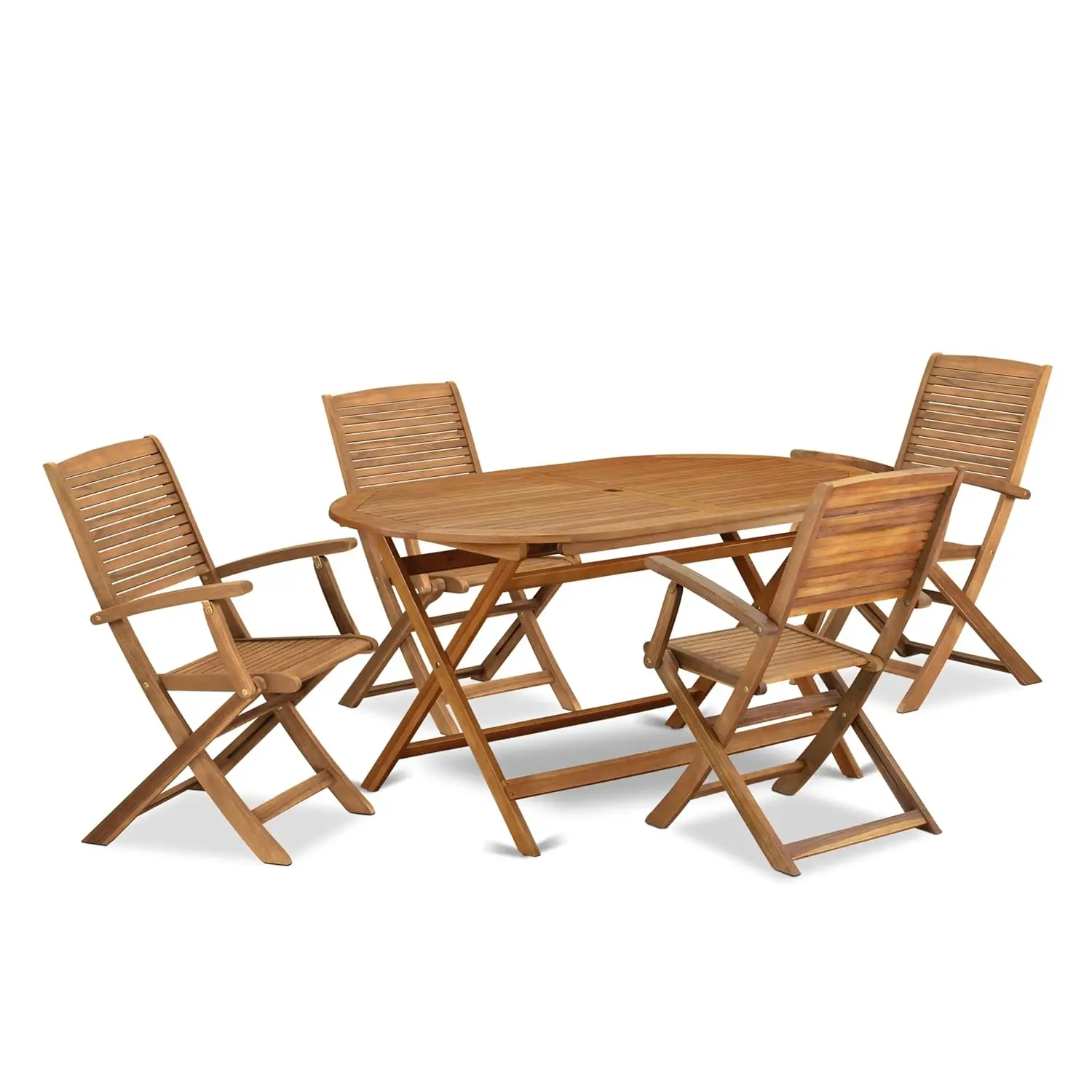 5 Piece Acacia Wood Outdoor Patio Dining Set Oval Folding Table Arm Chairs 36x60 Inch Natural Oil Finish, Customized
5 Piece Acacia Wood Outdoor Patio Dining Set Oval Folding Table Arm Chairs 36x60 Inch Natural Oil Finish, Customized