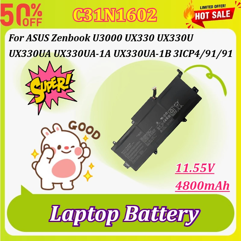 C31N1602 11.55V 4800mAh Laptop Battery for ASUS Zenbook U3000 UX330 UX330U UX330UA UX330UA-1A UX330UA-1B UX330UA-1C 3ICP4/91/91
C31N1602 11.55V 4800mAh Laptop Battery for ASUS Zenbook U3000 UX330 UX330U UX330UA UX330UA-1A UX330UA-1B UX330UA-1C 3ICP4/91/91