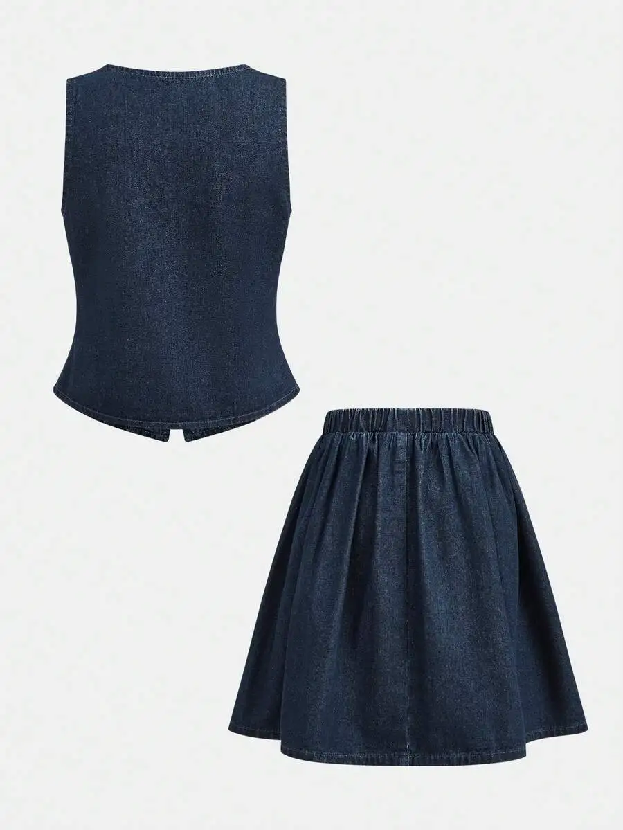 Denim Two Piece Set Sleeveless Vest Top And Pleated Mini Skirt Casual Streetwear Summer Outfit
Denim Two Piece Set Sleeveless Vest Top And Pleated Mini Skirt Casual Streetwear Summer Outfit