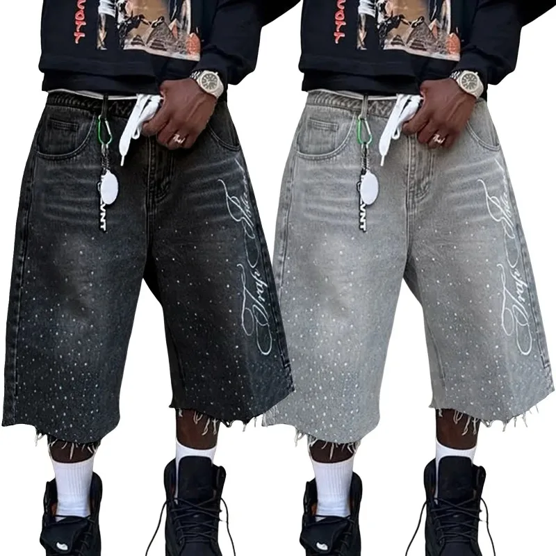 Pants Denim Calf Length Pant Men Jeans Frayed Loose Mid Waist Straight Trousers Hot Drilling Y2k Distressed Veach Casual Summer
Pants Denim Calf Length Pant Men Jeans Frayed Loose Mid Waist Straight Trousers Hot Drilling Y2k Distressed Veach Casual Summer