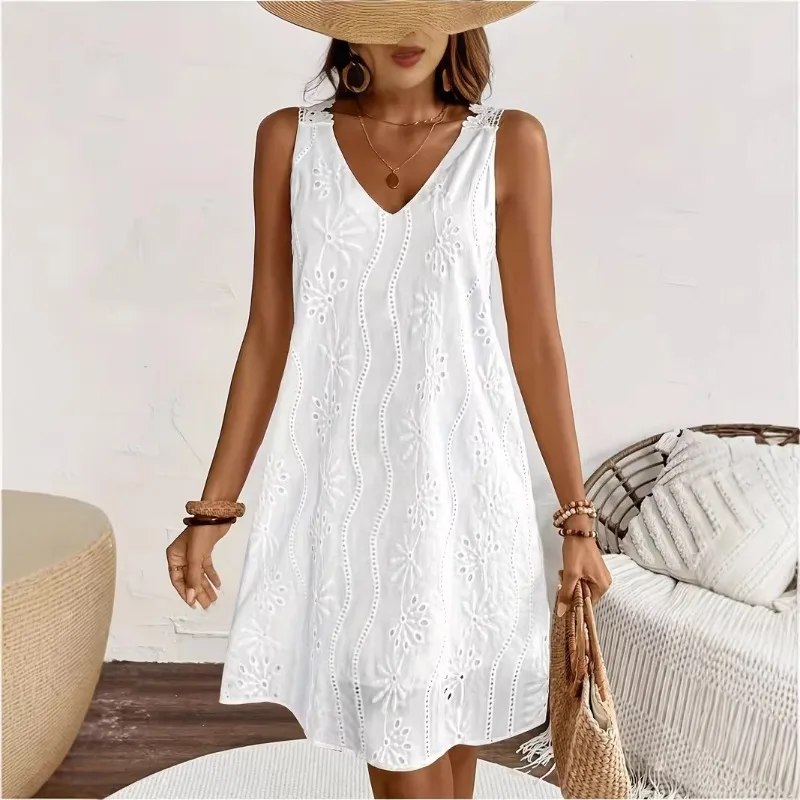 Women's White V Neck Eyelet Embroidery Sleeveless Casual Mini Dress
Women's White V Neck Eyelet Embroidery Sleeveless Casual Mini Dress