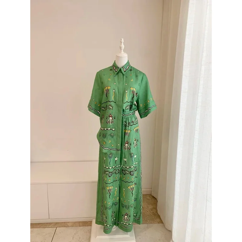 2026 Women Green Sun Dancer Linen Short Sleeved Shirt+Elastic Waist Wide Leg Pants Set
2026 Women Green Sun Dancer Linen Short Sleeved Shirt+Elastic Waist Wide Leg Pants Set