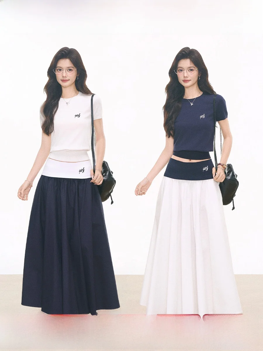 WESTAYONE Knitted Short Sleeve T-Shirt Women's 2026 New Rib Waist Splicing Umbrella Skirt Two-Piece Set round Neck Pullover
WESTAYONE Knitted Short Sleeve T-Shirt Women's 2026 New Rib Waist Splicing Umbrella Skirt Two-Piece Set round Neck Pullover
