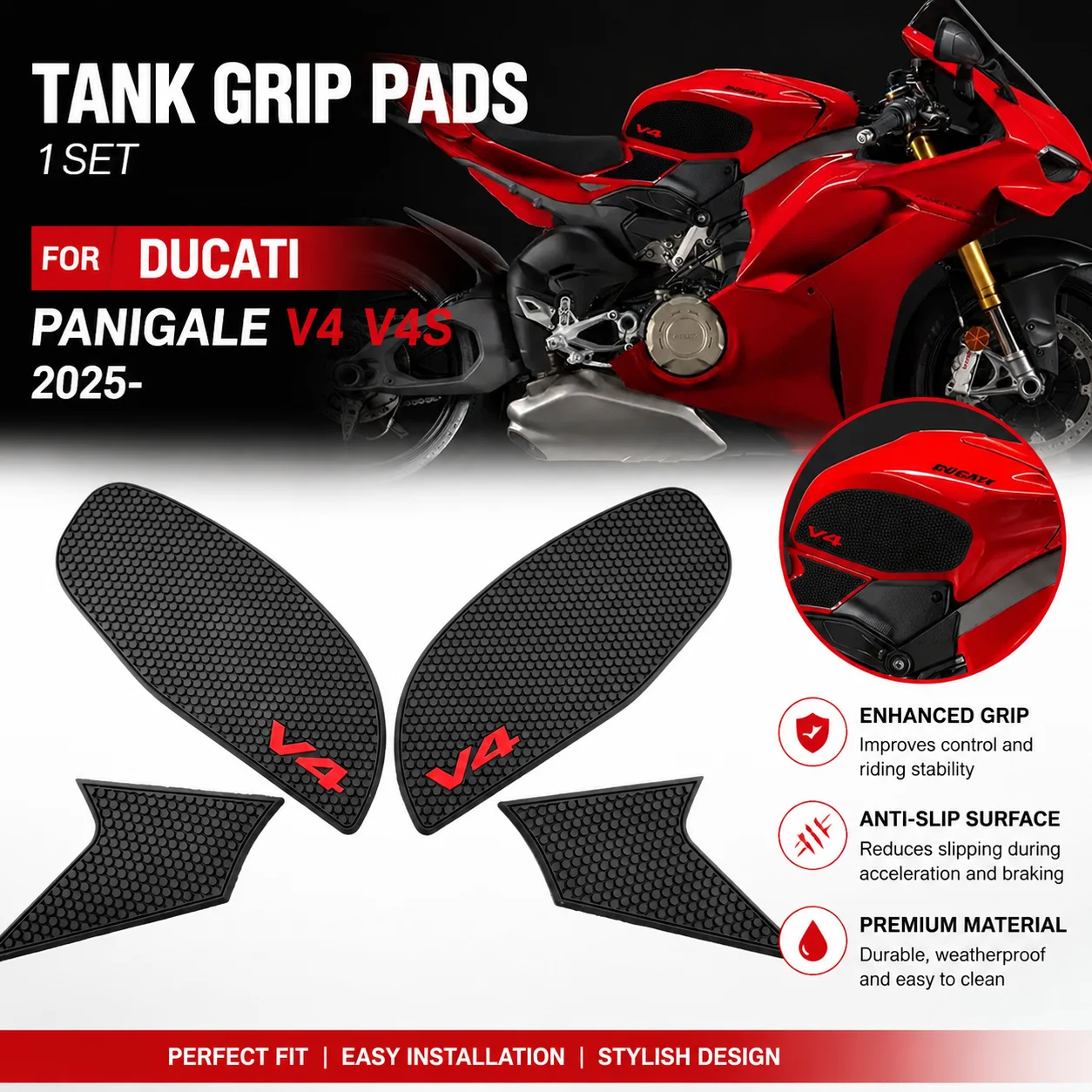 Anti-slip Tank Pad Fits Ducati Panigale V4/V4S 2025+, Motorcycle Rubber Modified Sticker
Anti-slip Tank Pad Fits Ducati Panigale V4/V4S 2025+, Motorcycle Rubber Modified Sticker