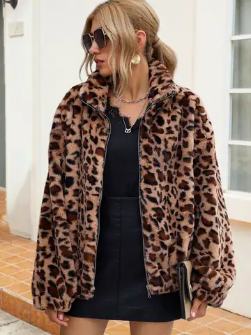 Women's 2025 Autumn/Winter new leopard print faux fur coat top, women's fashionable plush coat