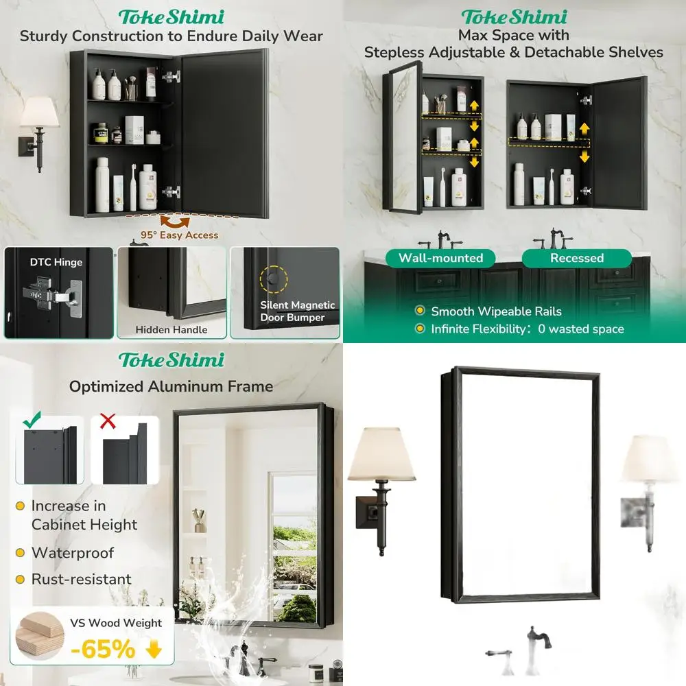 16x24 Inch Black Framed Bathroom Medicine Cabinet with Tempered Glass, Beveled Mirror, Adjustable Shelves
16x24 Inch Black Framed Bathroom Medicine Cabinet with Tempered Glass, Beveled Mirror, Adjustable Shelves
