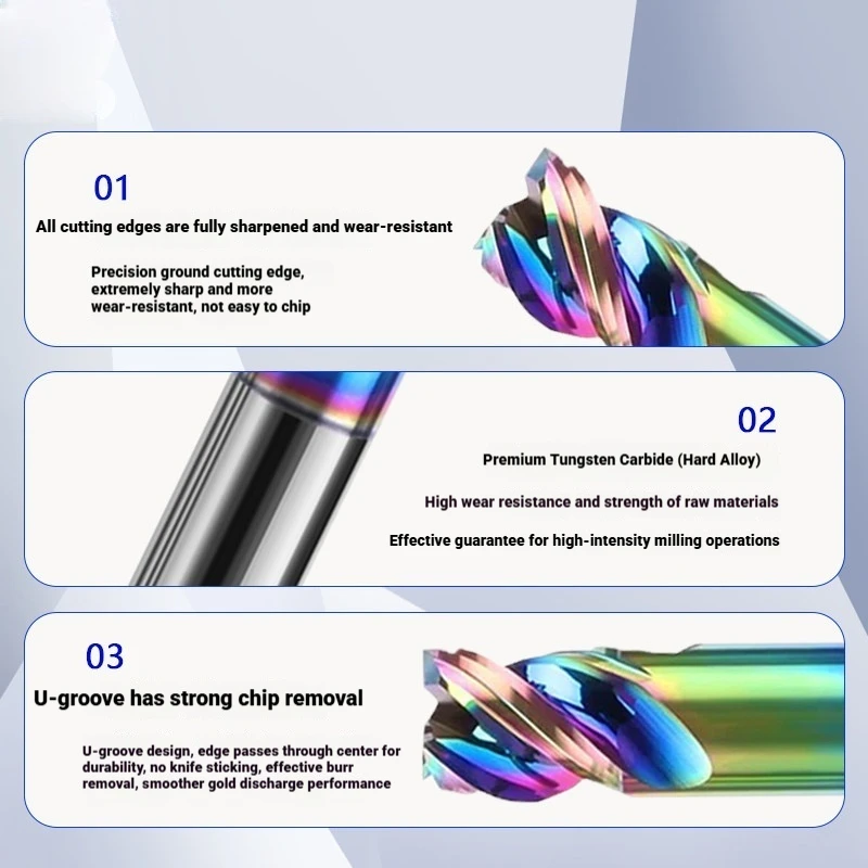 Colorful Short Flute U Groove End Mill Solid Carbide Coated CNC Milling Cutter for Aluminum 1mm to 12mm
Colorful Short Flute U Groove End Mill Solid Carbide Coated CNC Milling Cutter for Aluminum 1mm to 12mm