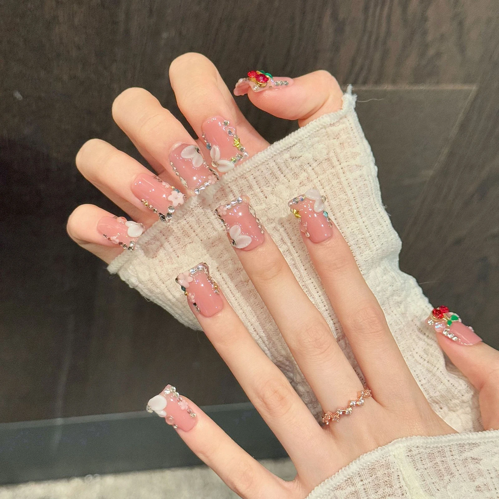 10pcs Handmade Press On Nails Duckbill Nude Pink Fake Nails With 3D Flash Cherry Flowers Decor Rhinestones Elegant False Nails
10pcs Handmade Press On Nails Duckbill Nude Pink Fake Nails With 3D Flash Cherry Flowers Decor Rhinestones Elegant False Nails