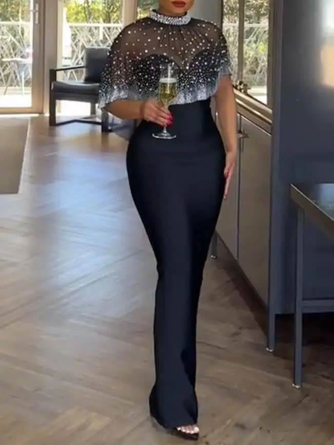 2-Piece Elegant Clothing Set with Split Back Slim Fit Long Skirt And Rhinestone Pearl High Neck Transparent Mesh Cape for Women
2-Piece Elegant Clothing Set with Split Back Slim Fit Long Skirt And Rhinestone Pearl High Neck Transparent Mesh Cape for Women