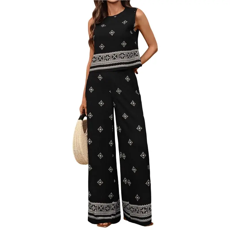 CYL-Women 2 Piece Outfits Summer Vintage Print Sleeveless Top & Wide Leg Pants Beach Outfits
CYL-Women 2 Piece Outfits Summer Vintage Print Sleeveless Top & Wide Leg Pants Beach Outfits