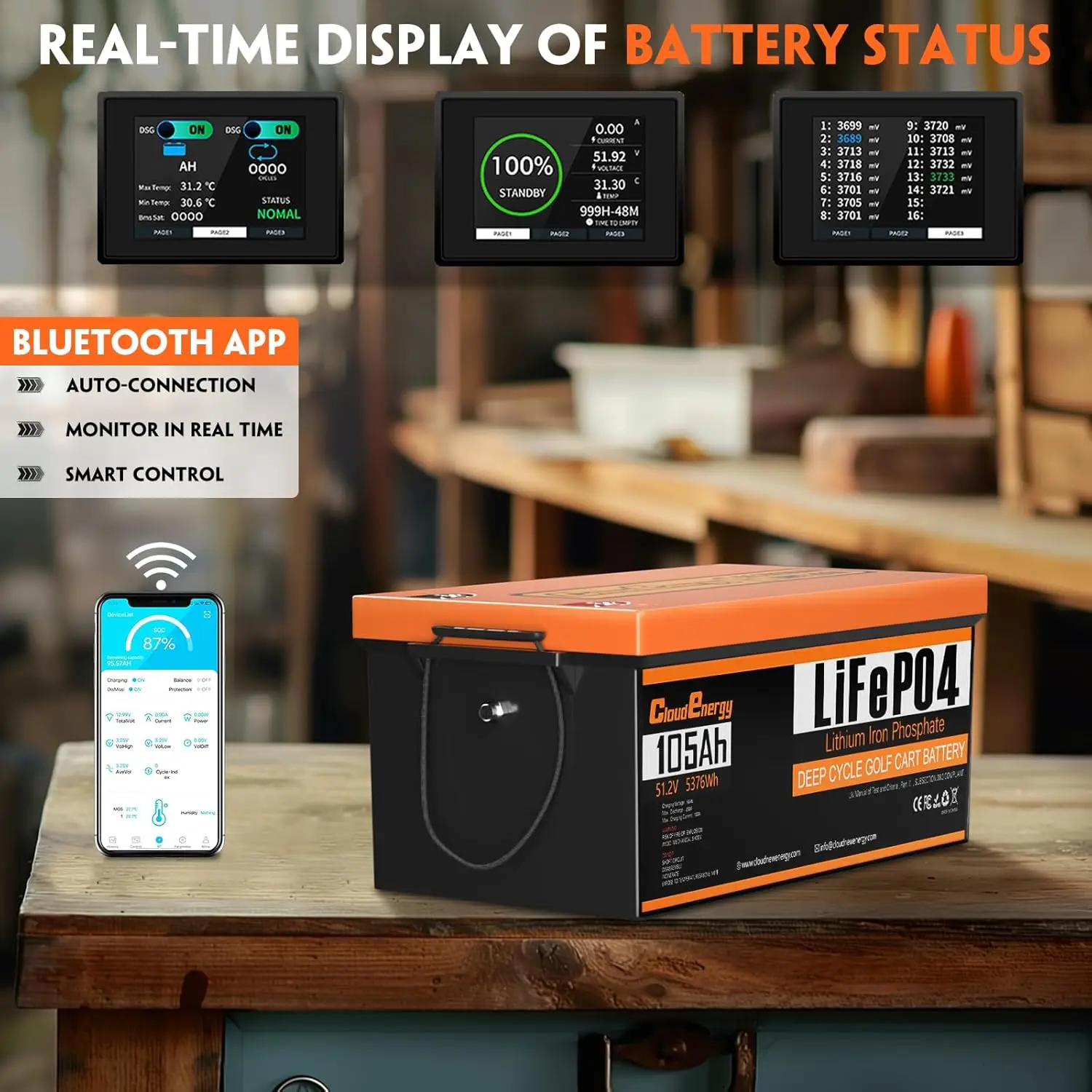 48V(51.2V) 105Ah LiFePO4 Lithium Golf Cart Battery Built-in 250A BMS,with Mobile APP,Touch Monitor and retention, Customi
48V(51.2V) 105Ah LiFePO4 Lithium Golf Cart Battery Built-in 250A BMS,with Mobile APP,Touch Monitor and retention, Customi