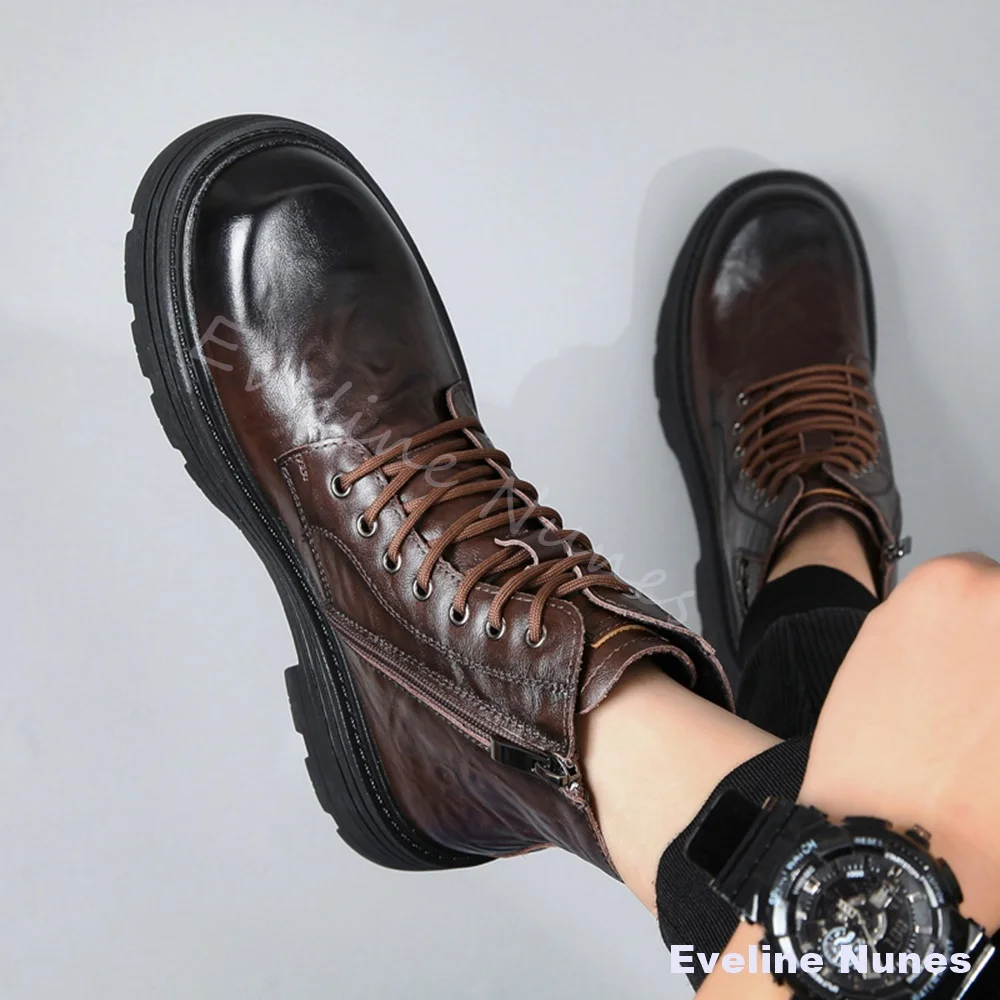 Mixed Color Fleece-lined Leather Boots Men Brown Cross Tied Side Zipper Platform High Boots Winter Warm Fashion Mid-calf Boots
Mixed Color Fleece-lined Leather Boots Men Brown Cross Tied Side Zipper Platform High Boots Winter Warm Fashion Mid-calf Boots