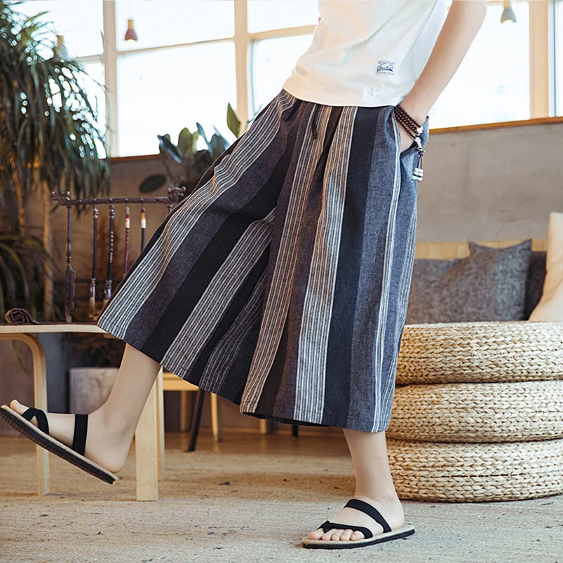 Summer Men's Casual Pants Striped Loose Wide Leg Cotton Linen Seven-Foot Harlan Trousers Low Waist ket Water Waed
Summer Men's Casual Pants Striped Loose Wide Leg Cotton Linen Seven-Foot Harlan Trousers Low Waist ket Water Waed