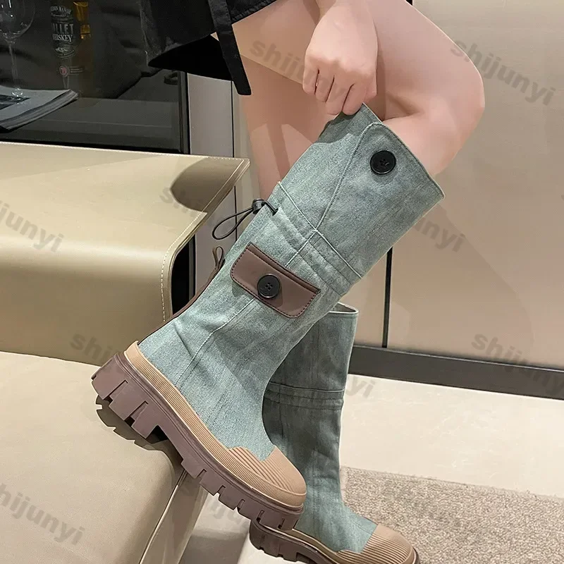 Women Blue Denim Thigh High Boots Thick Heels Simple Thick High Heels Autumn Winter New Fashion Platform Knee High Knight Boots
Women Blue Denim Thigh High Boots Thick Heels Simple Thick High Heels Autumn Winter New Fashion Platform Knee High Knight Boots
