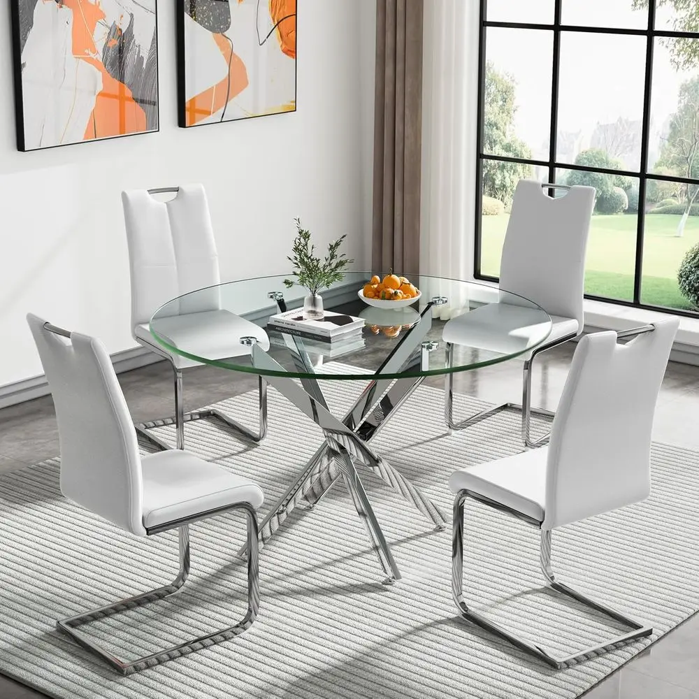 4-Piece Glass Dining Set with 47 Circular Silver Metal Table and White Leather Chairs
4-Piece Glass Dining Set with 47 Circular Silver Metal Table and White Leather Chairs