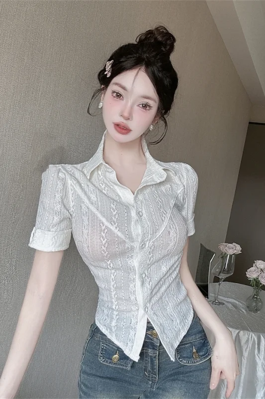 Summer Korean V-Neck Blouse for Women Short Sleeve Slim Fit Waist-Cinching Top Sexy & Elegant Versatile Uniform-Style Shirt
Summer Korean V-Neck Blouse for Women Short Sleeve Slim Fit Waist-Cinching Top Sexy & Elegant Versatile Uniform-Style Shirt