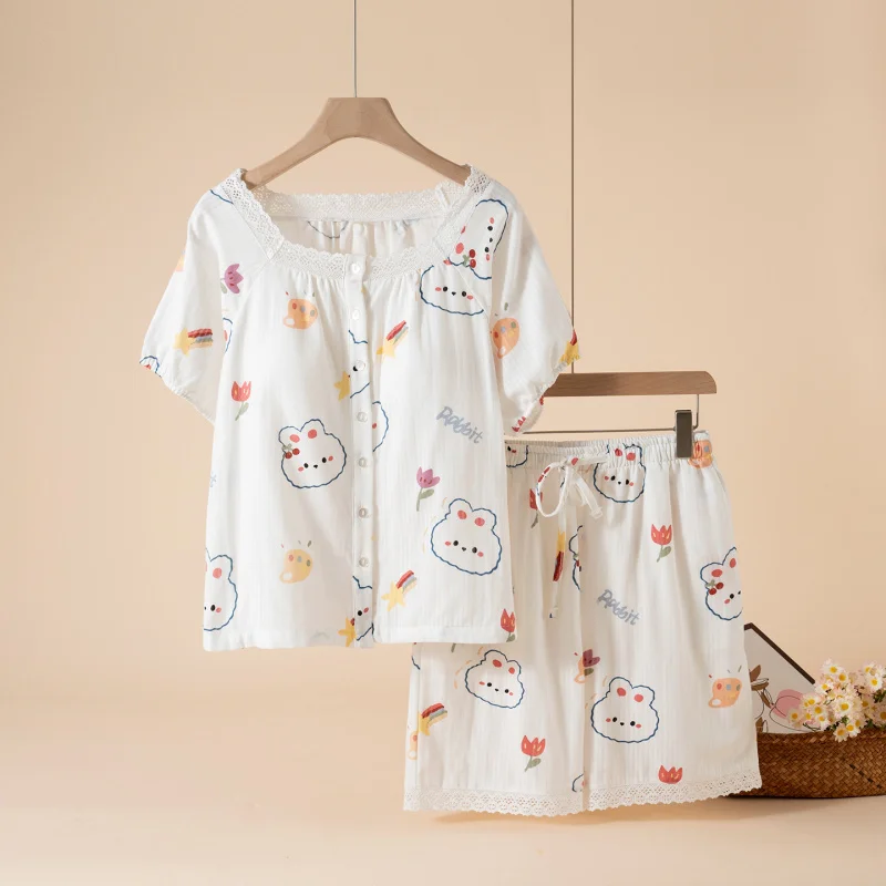 2-Piece Women's Pajama Set, Cute Lace Trim Sleepwear, Double Gauze Cotton Top & Shorts with Built-in Bra, Lightweight & Breathab
2-Piece Women's Pajama Set, Cute Lace Trim Sleepwear, Double Gauze Cotton Top & Shorts with Built-in Bra, Lightweight & Breathab