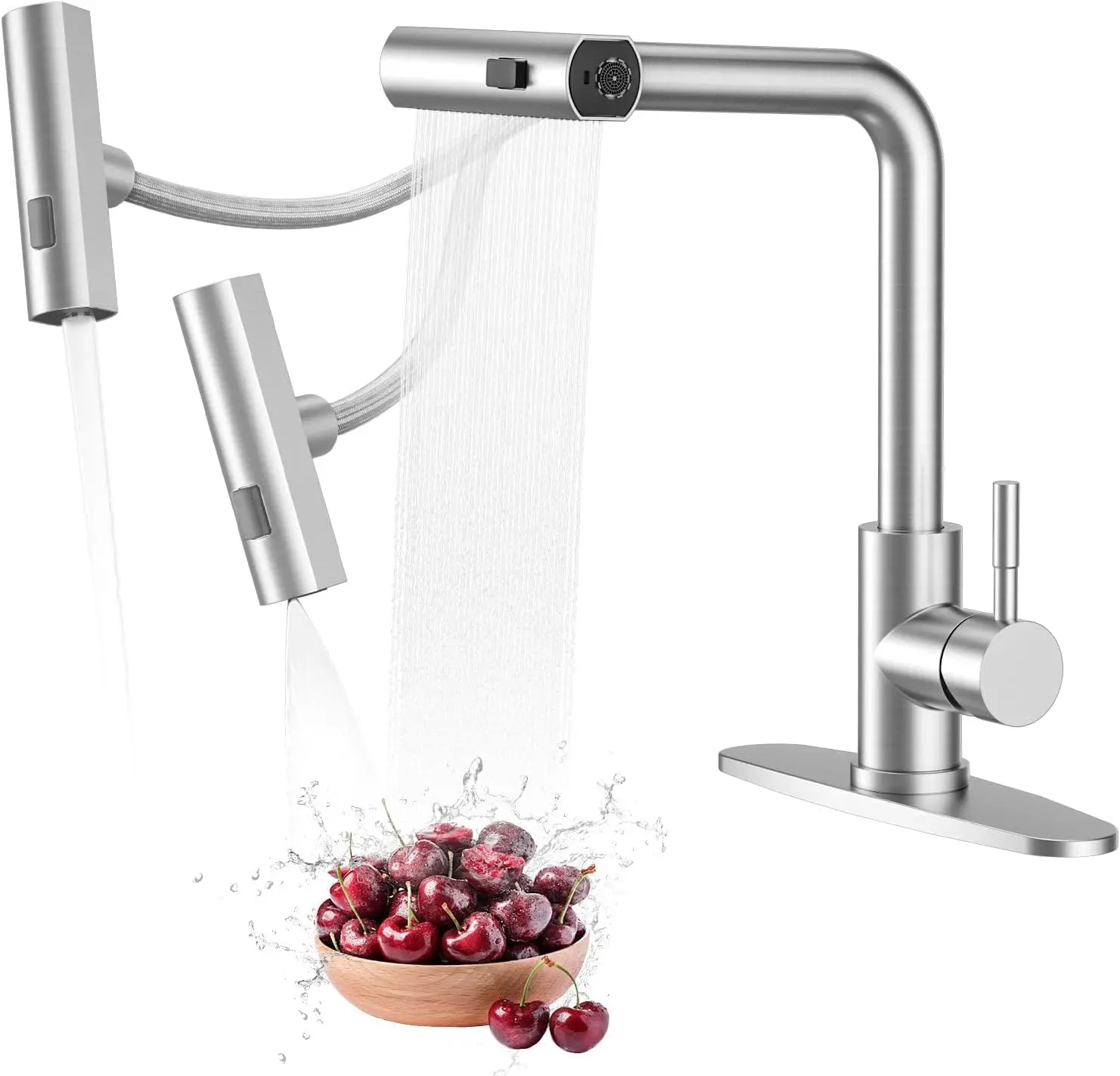 3-Mode Pull Down Kitchen Faucet: Waterfall/Stream/Sweep, Brushed Nickel, Swivel, Splash Proof for Washing Veggies & Fruits
3-Mode Pull Down Kitchen Faucet: Waterfall/Stream/Sweep, Brushed Nickel, Swivel, Splash Proof for Washing Veggies & Fruits