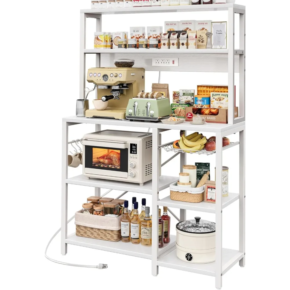 Bakers Rack with Power Outlet, 35.4 Inches Coffee Bar with Wire Basket, Kitchen Microwave Stand with 6 S-Shaped Hooks, Open Sto
Bakers Rack with Power Outlet, 35.4 Inches Coffee Bar with Wire Basket, Kitchen Microwave Stand with 6 S-Shaped Hooks, Open Sto