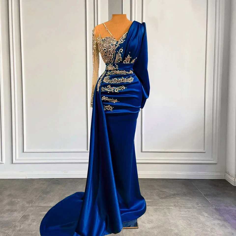 Royal Blue Satin Beads Elegant Evening Dresses V-Neck Long Sleeve Detachable Train Women Formal Prom Party Gowns for Wedding
Royal Blue Satin Beads Elegant Evening Dresses V-Neck Long Sleeve Detachable Train Women Formal Prom Party Gowns for Wedding