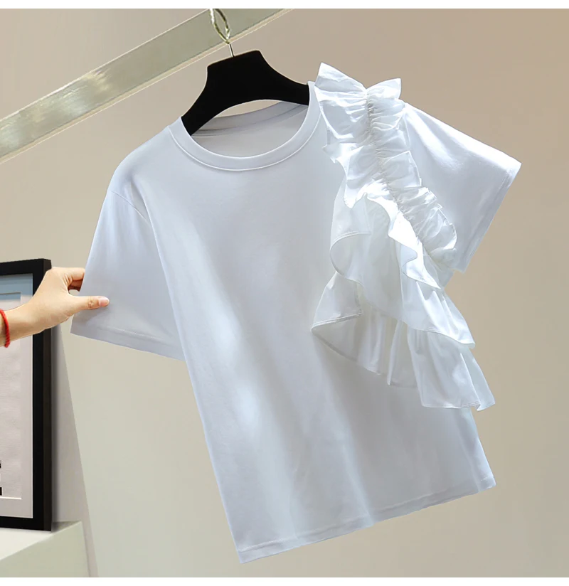 Irregular Splicing Round Neck Short-sleeved T-shirt Lady 2025 Summer White Ruffle Tshirt Straight Elastic Top for Women
Irregular Splicing Round Neck Short-sleeved T-shirt Lady 2025 Summer White Ruffle Tshirt Straight Elastic Top for Women