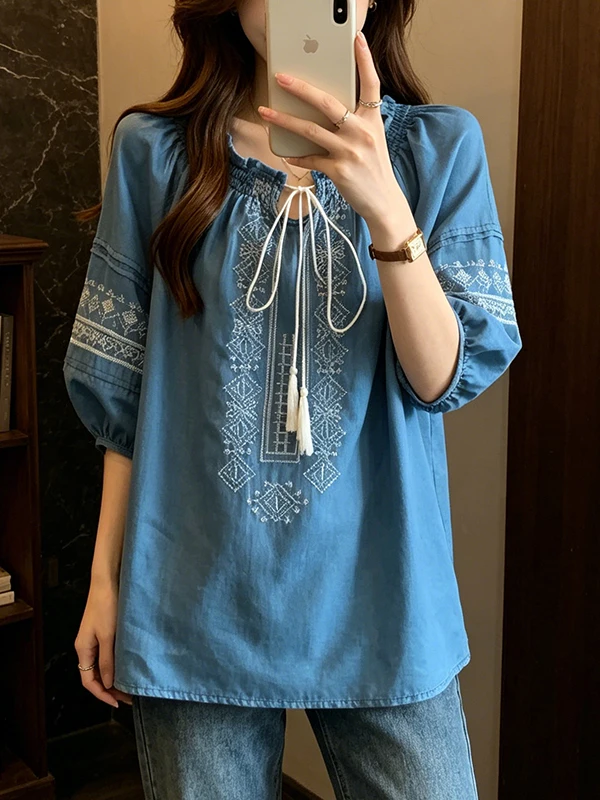 plus Size Summer Women's Embroidered Ethnic Style Loose Fit Shirt with Belt Korean Style Breathable Casual Wear for plus Size
plus Size Summer Women's Embroidered Ethnic Style Loose Fit Shirt with Belt Korean Style Breathable Casual Wear for plus Size