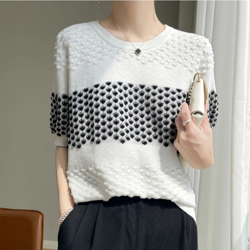 Summer 100% Cotton Women's T-shirt Round Neck blocked Knitted Short Sleeve Loose Tees Towel Embroidery Tops Basic Versatile
Summer 100% Cotton Women's T-shirt Round Neck blocked Knitted Short Sleeve Loose Tees Towel Embroidery Tops Basic Versatile