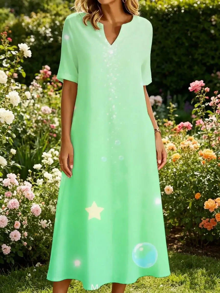 Mint Green V Neck Short Sleeve Midi Dress With Star And Bubble Print For Summer Garden Party
Mint Green V Neck Short Sleeve Midi Dress With Star And Bubble Print For Summer Garden Party