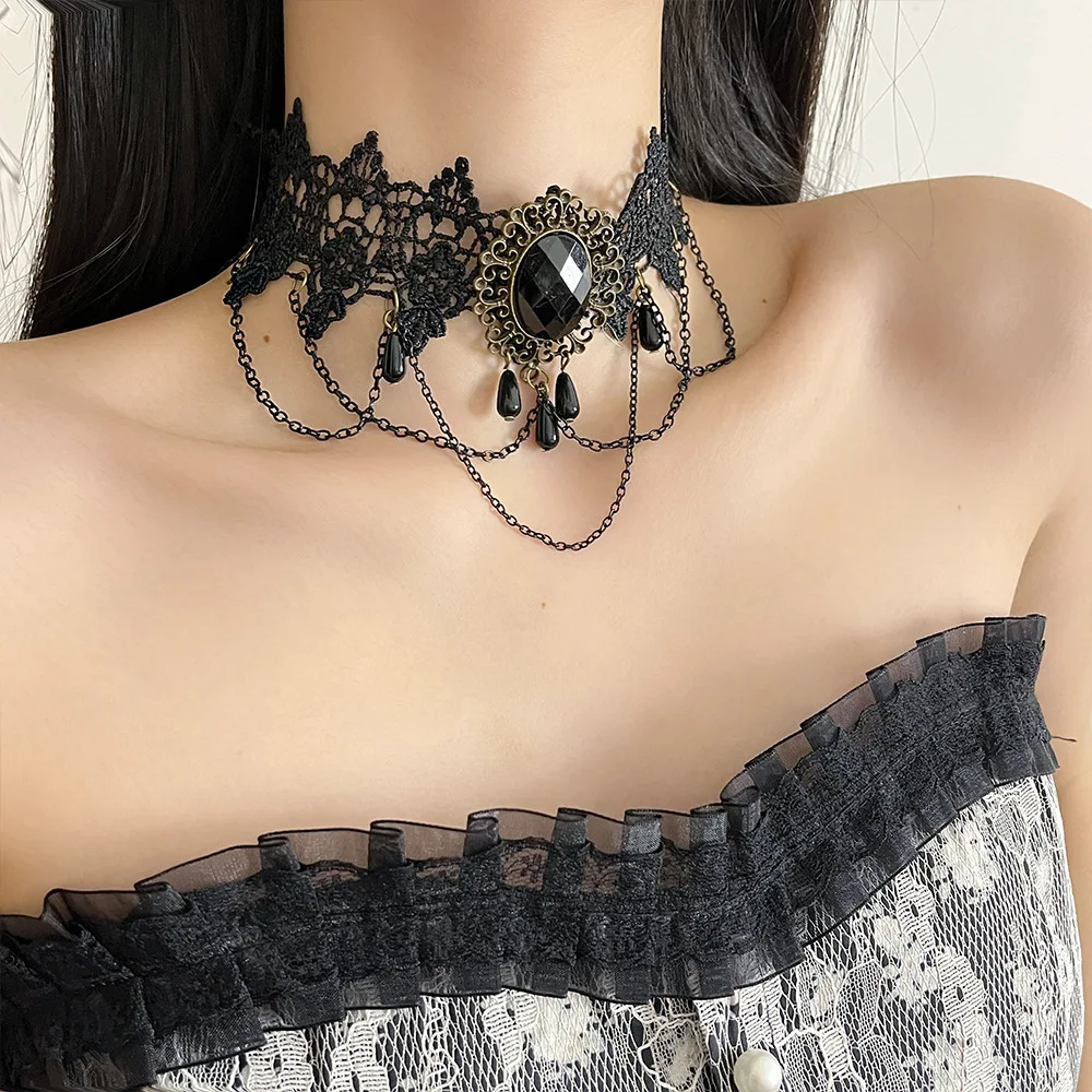 Gothic Style Tassel Necklace for Women Black Gem Lace Choker Vintage Premium Fashionable Neck Chain Trendy
Gothic Style Tassel Necklace for Women Black Gem Lace Choker Vintage Premium Fashionable Neck Chain Trendy